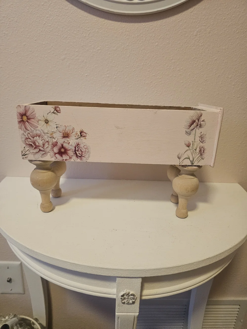 Pink Floral Decorative Wooden Riser / Box with Natural Pedestal Legs